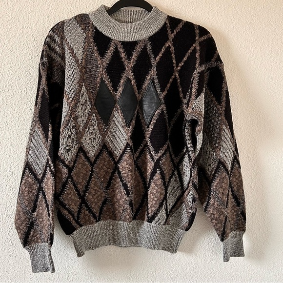 Pacific Club VTG Wool Blend Leather Trim Knit Dad Grandpa Sweater Women Sz Large - Picture 1 of 10